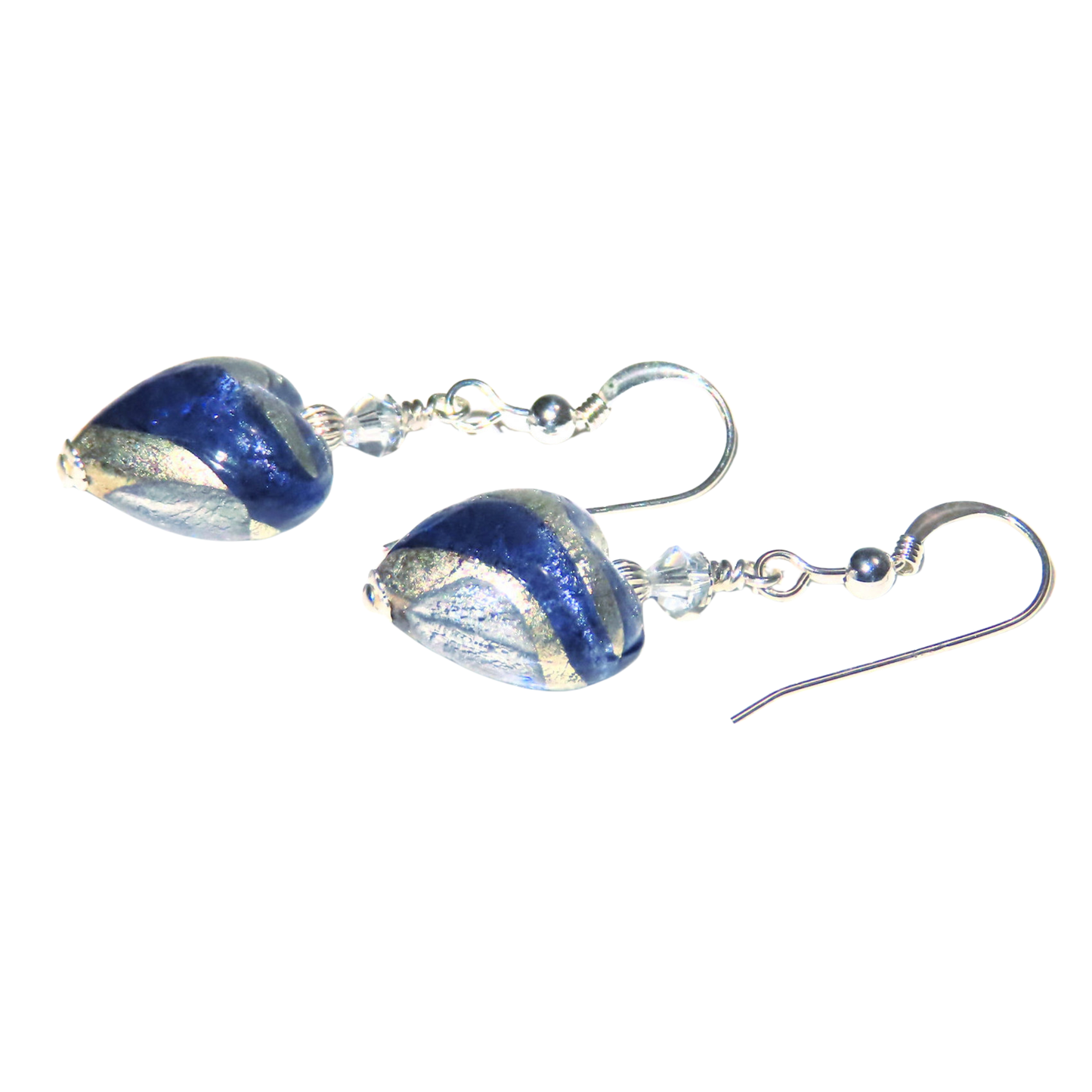 Murano Glass Dark Blue Swirl Heart Silver Earrings