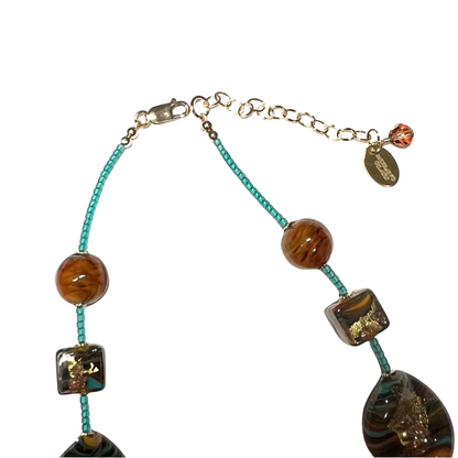 Murano Glass Statement Gold Necklace – Italian Twist and Cube Beads