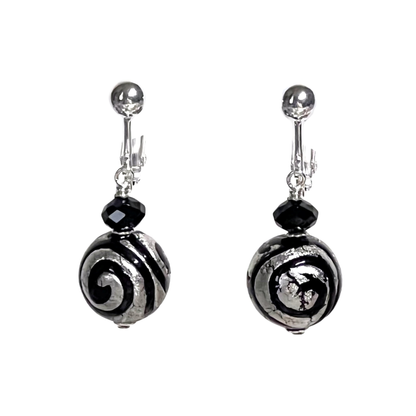 Murano Glass Black White Gold Swirl Ball Silver Earrings