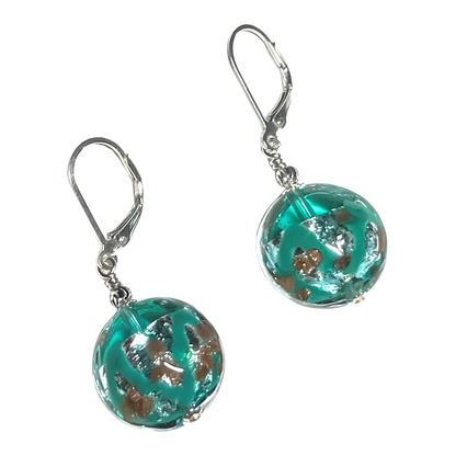 Murano Glass Sea Foam Green Splash Disc Sterling Silver Earrings