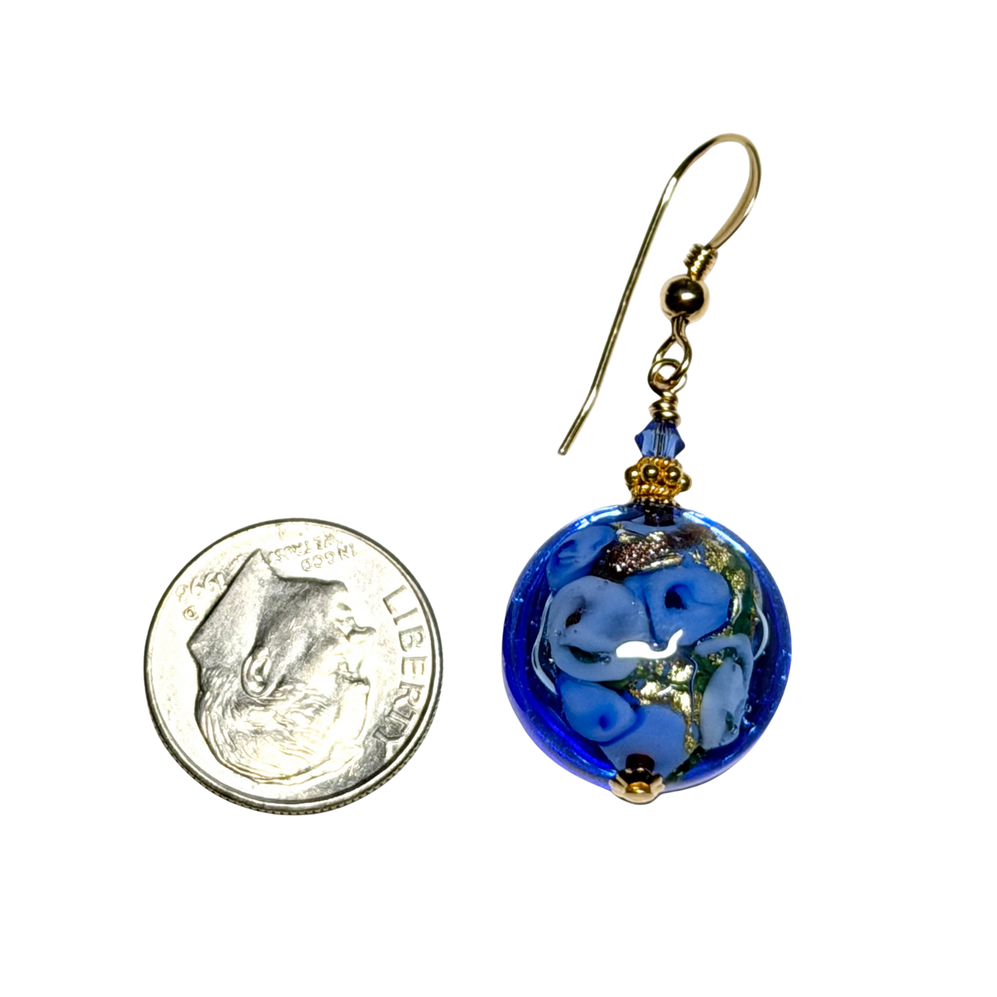 Murano Blue Bed of Roses Disc Gold Earrings