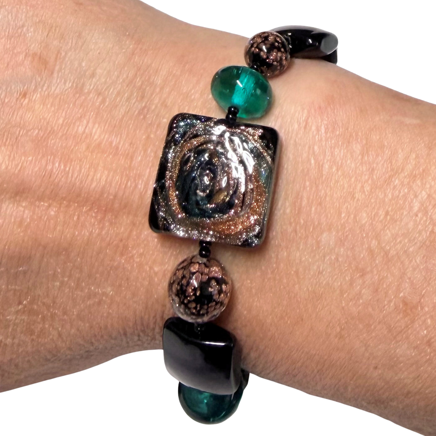 One-of-a-Kind Black Teal Copper Murano Glass MAG-LOK Sterling Silver Bracelet