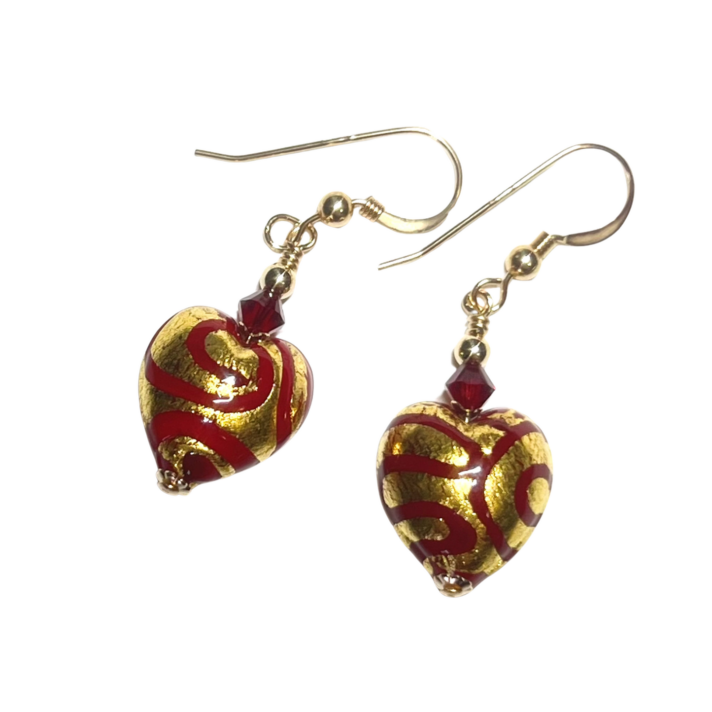 Murano Glass Earrings with Red Swirl Heart Beads, Gold Earrings