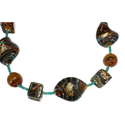 Murano Glass Statement Gold Necklace – Italian Twist and Cube Beads