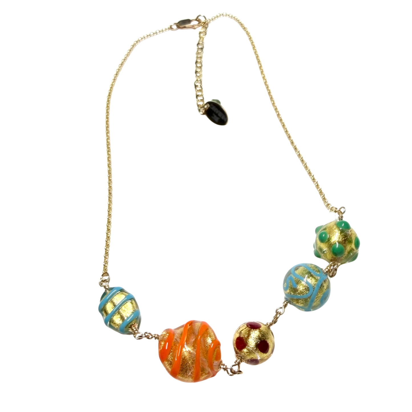 Murano Italian necklace with colorful beads on a white background