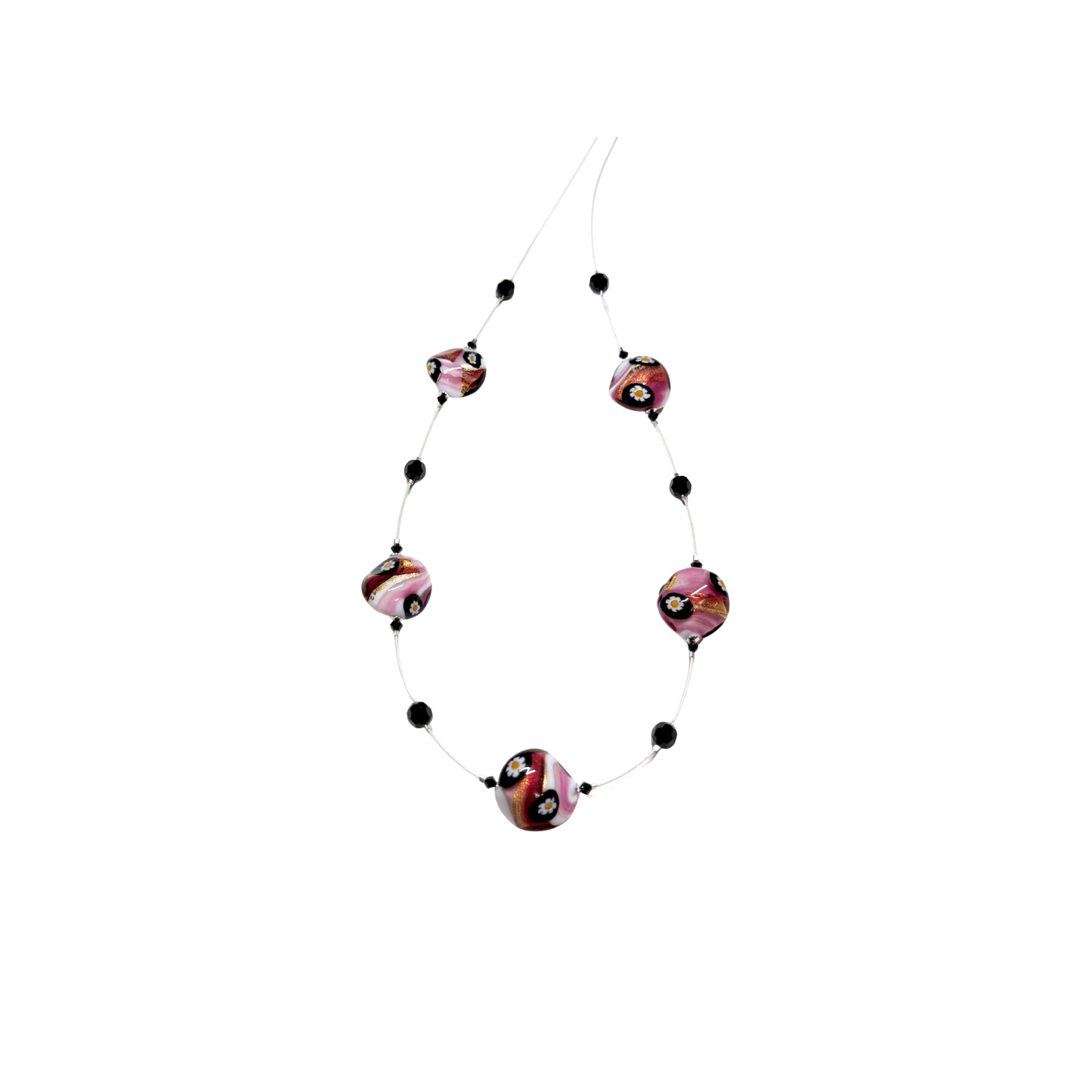 Collier en argent illusion lentille torsadée Murano Millefiori rose