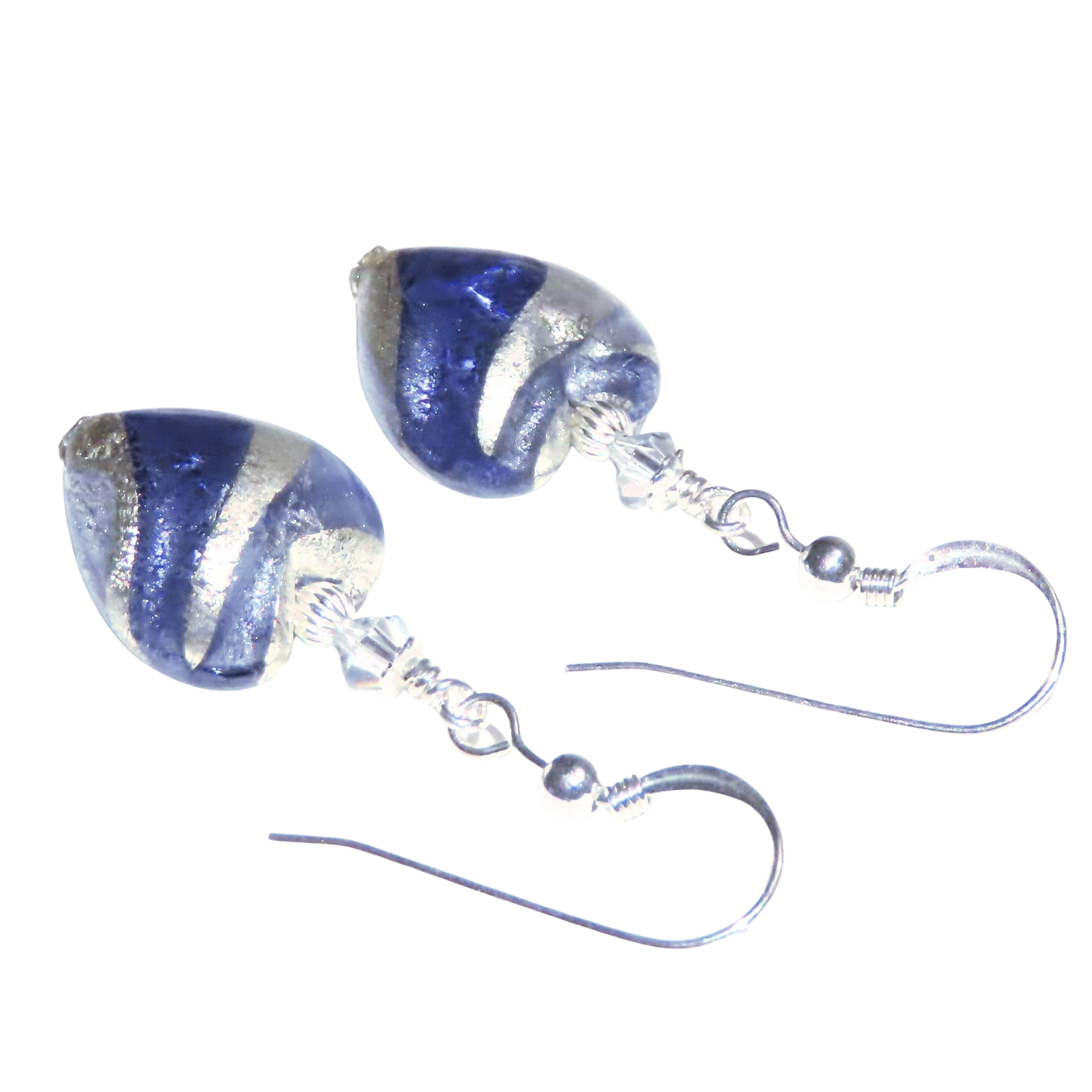 Murano Glass Dark Blue Swirl Heart Silver Earrings