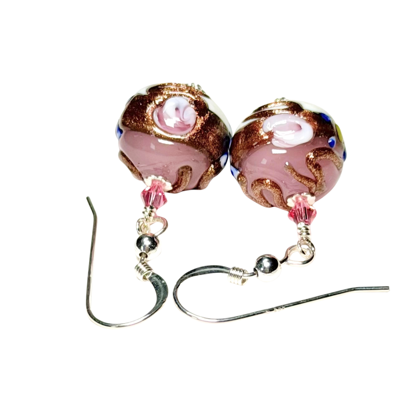 Murano Glass Wedding Cake Pink Rose Sterling Silver Earrings