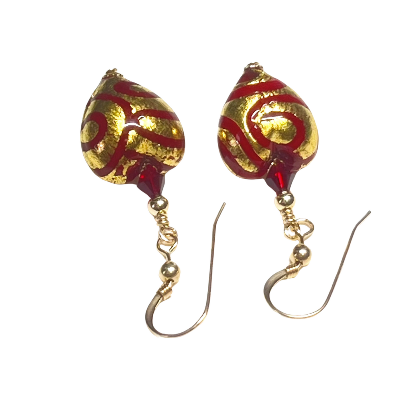 Murano Glass Earrings with Red Swirl Heart Beads, Gold Earrings