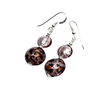 Murano glass purple leopard long dangle silver earrings
