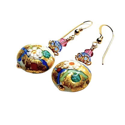 Murano Glass Pastel Millefiori Disc Gold Earrings