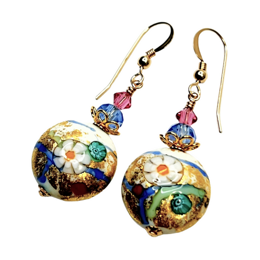 Murano Glass Pastel Millefiori Disc Gold Earrings