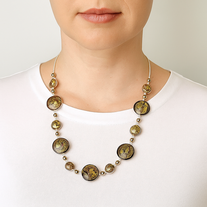 Murano Glass Pink Bronze Swirl Disc Gold Necklace