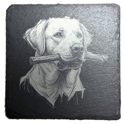 Engraved Labrador Retriever with Stick Slate Coaster – Handcrafted Dog Lover Gift