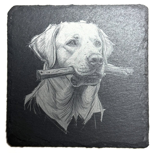 Engraved Labrador Retriever with Stick Slate Coaster – Handcrafted Dog Lover Gift