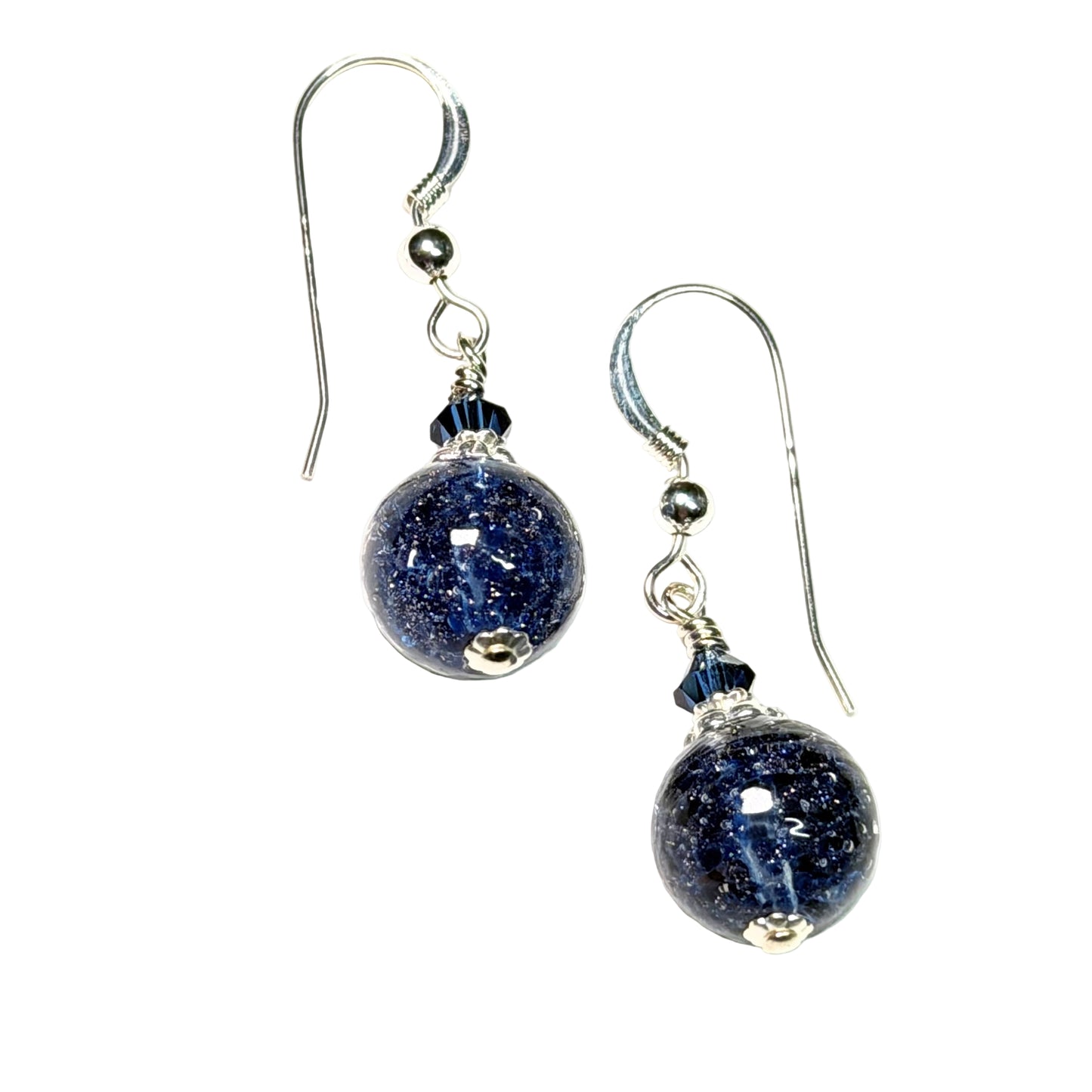 Pair of blue beaded earrings on a white background