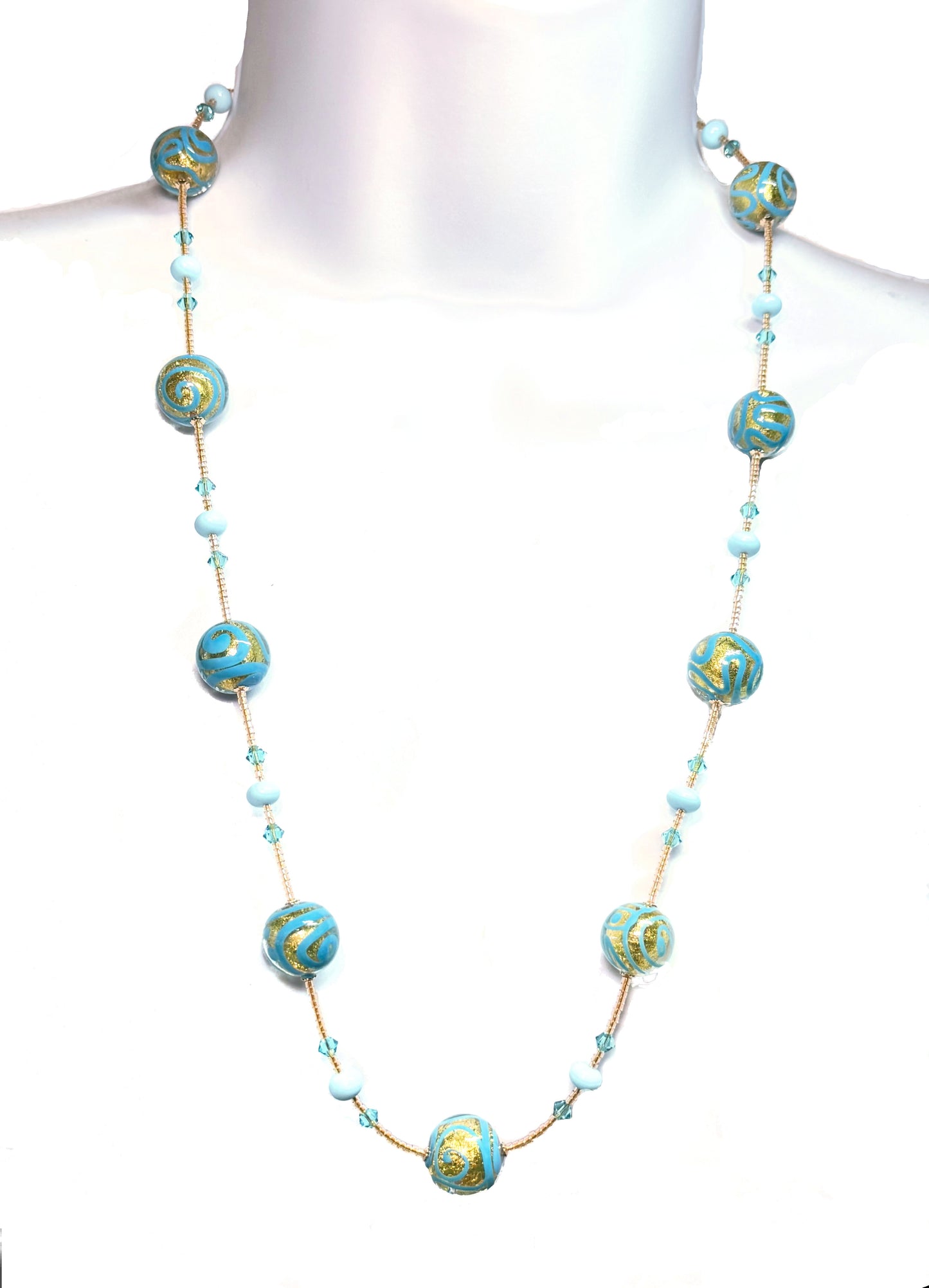 Long Murano Glass Medusa Turquoise Ball Gold Necklace