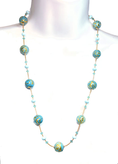 Long Murano Glass Medusa Turquoise Ball Gold Necklace