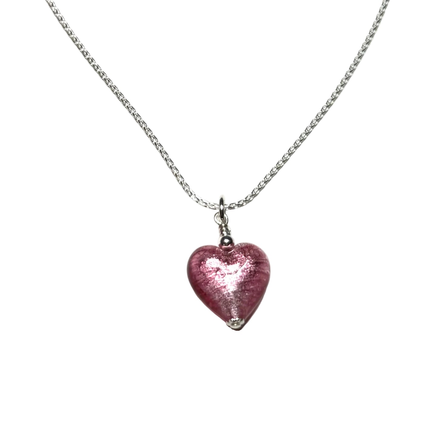 Necklace with a pink heart-shaped pendant on a white background