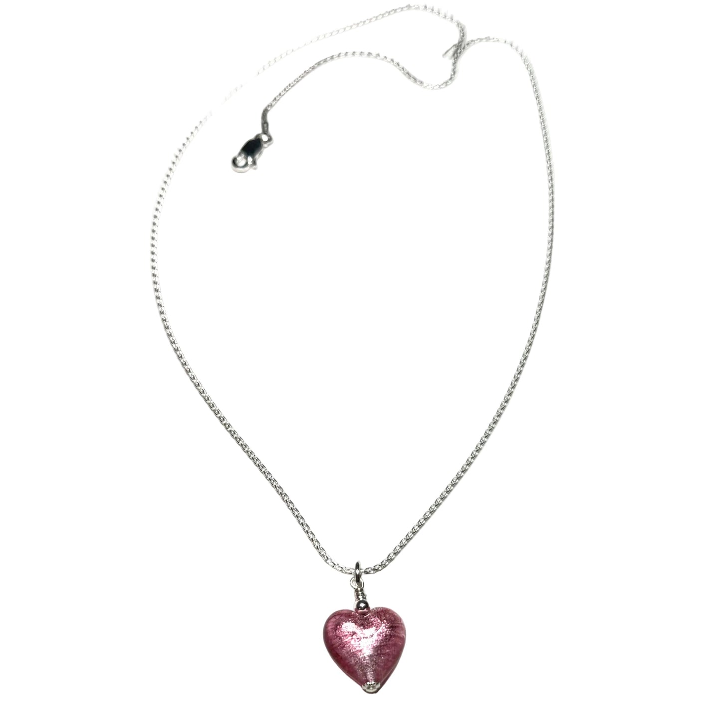 Necklace with a pink heart-shaped pendant on a white background