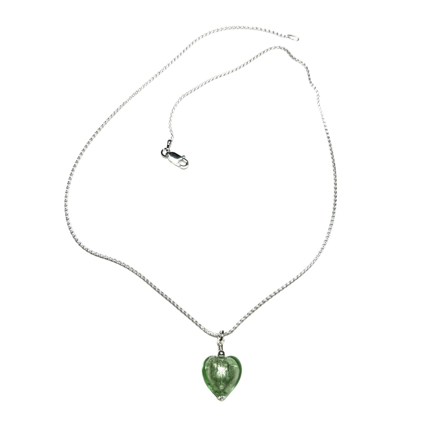 Necklace with a green heart-shaped pendant on a white background