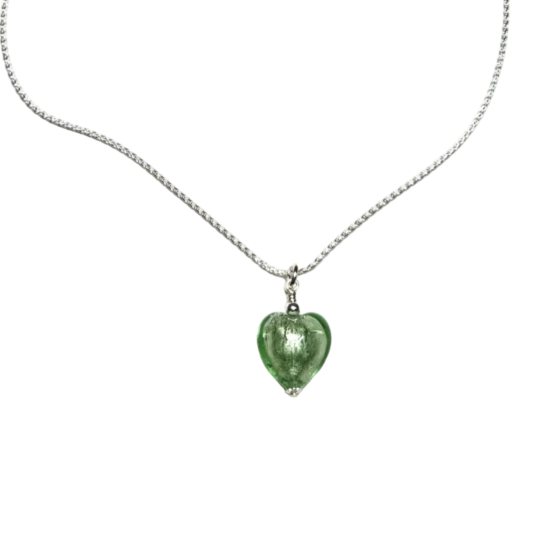 Necklace with a green heart-shaped pendant on a white background