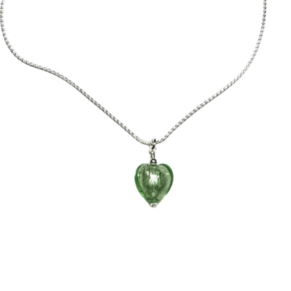 Necklace with a green heart-shaped pendant on a white background