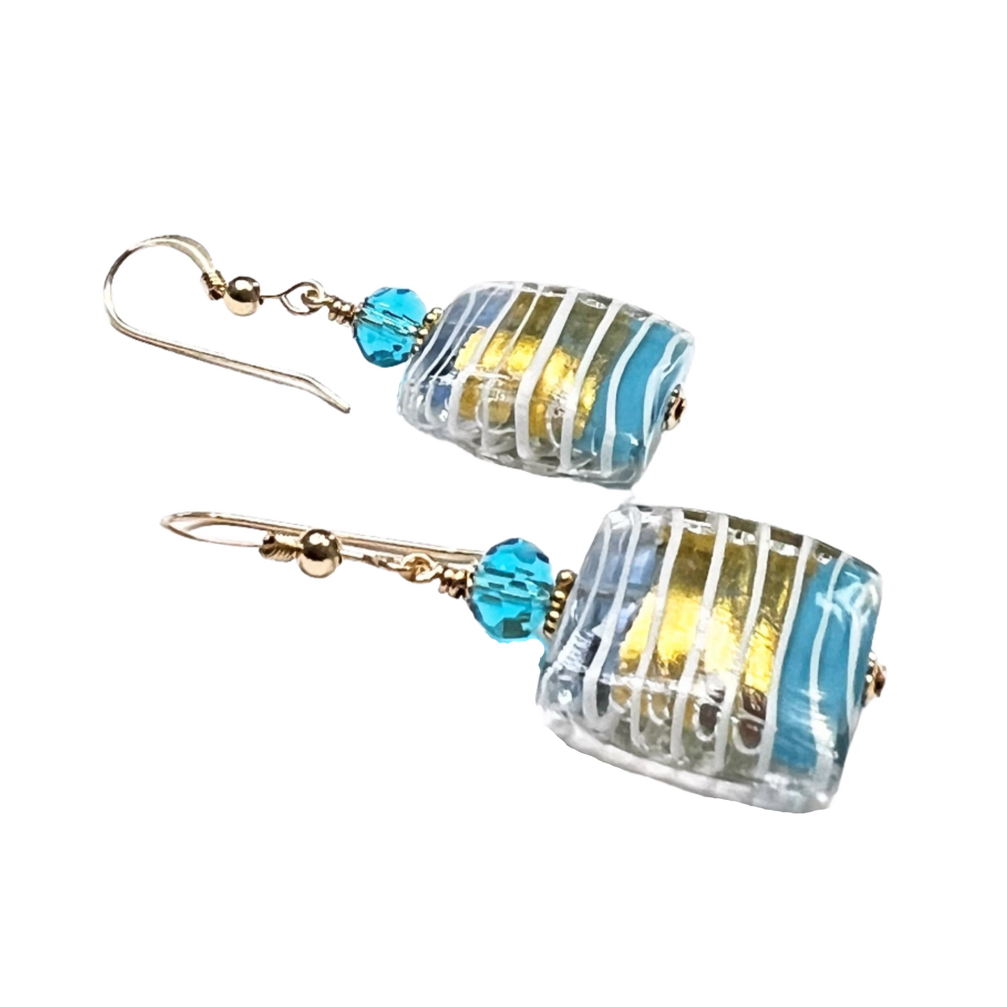 Murano glass aqua blue striped gold square fishhook earrings