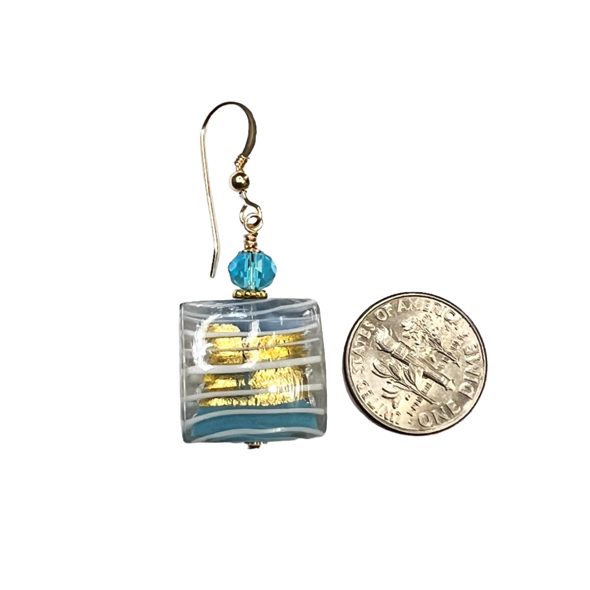 Murano glass aqua blue striped gold square fishhook earrings