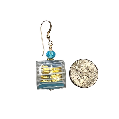 Murano glass aqua blue striped gold square fishhook earrings