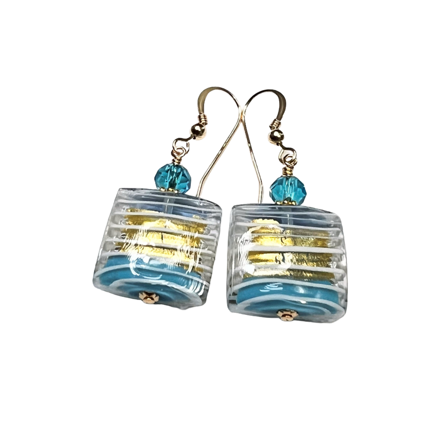 Murano glass aqua blue striped gold square fishhook earrings