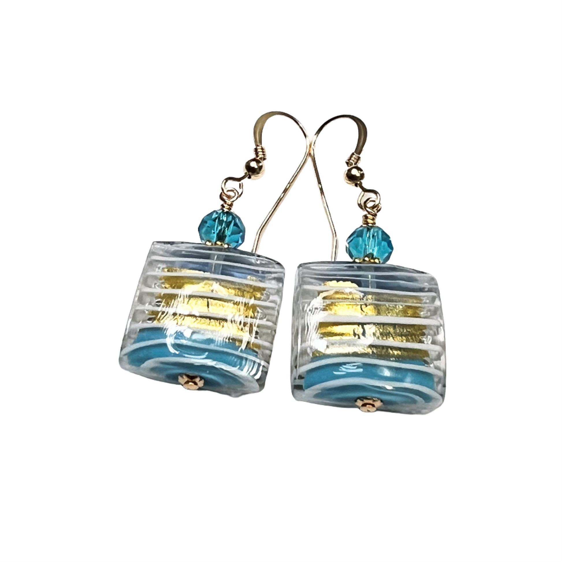 Murano glass aqua blue striped gold square fishhook earrings