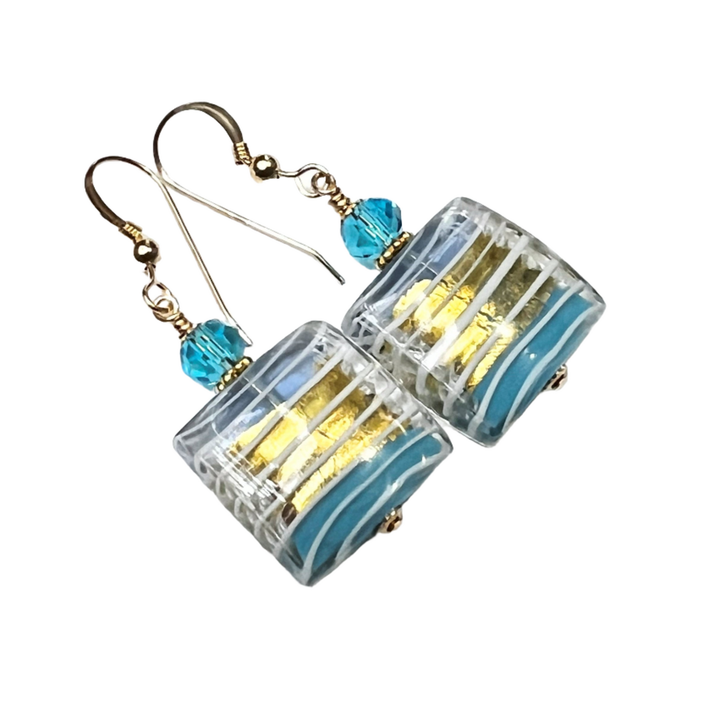 Murano glass aqua blue striped gold square fishhook earrings