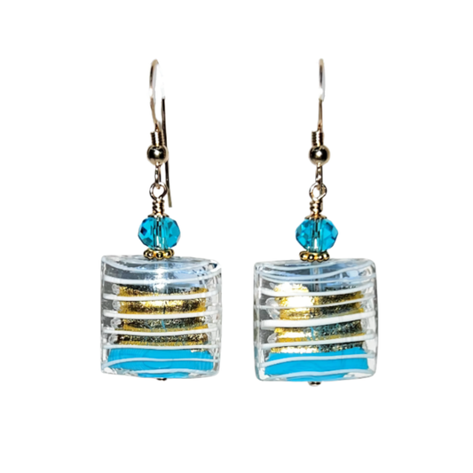 Murano glass aqua blue striped gold square fishhook earrings