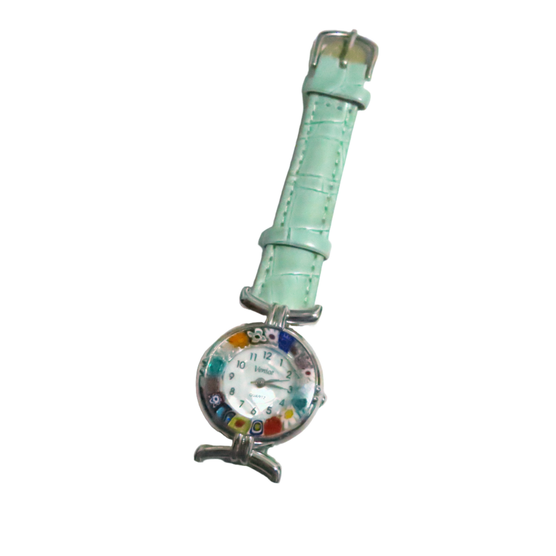 a green watch with a white face and multicolored beads