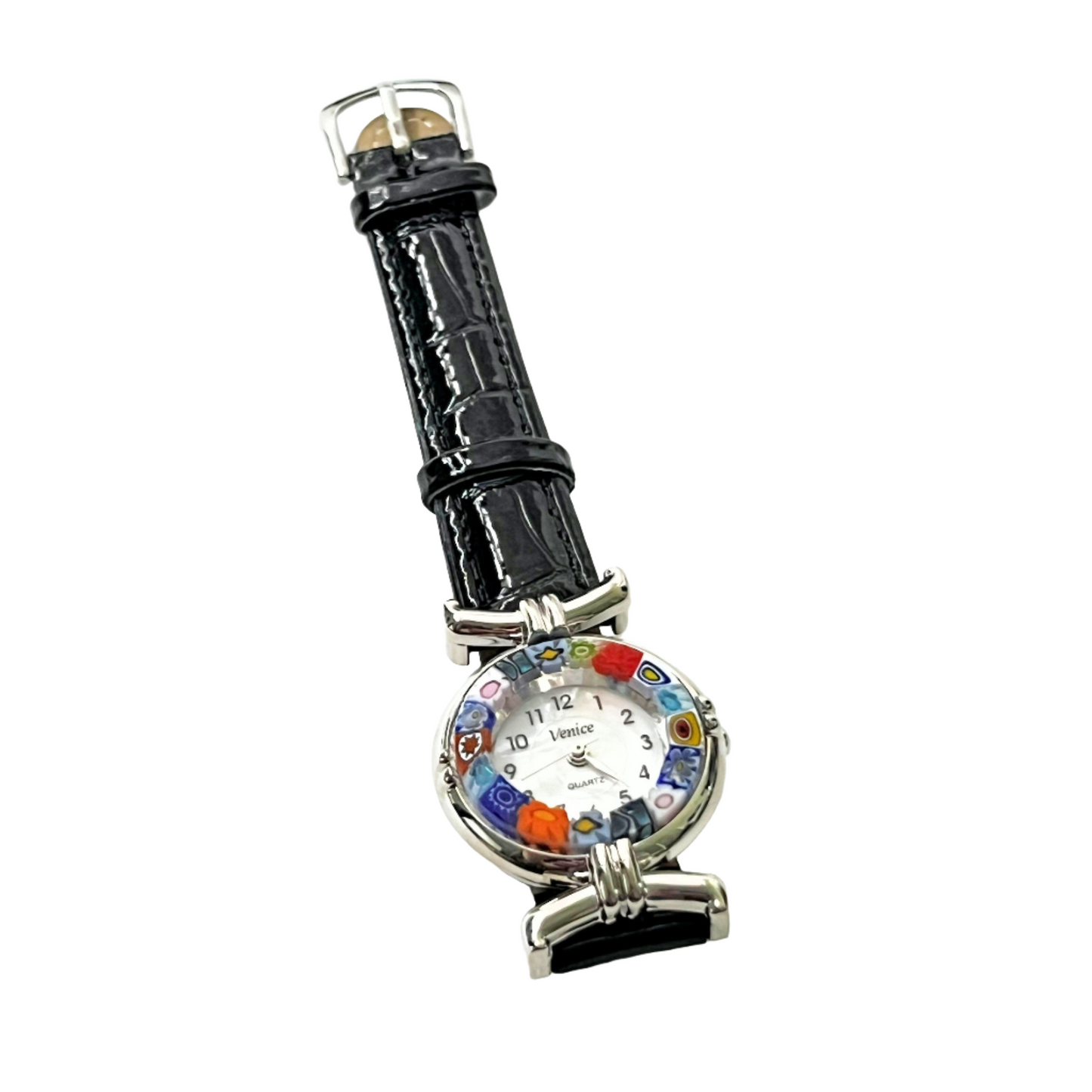 a watch with a multicolored face on a black strap