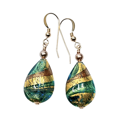 a pair of green and gold earrings
