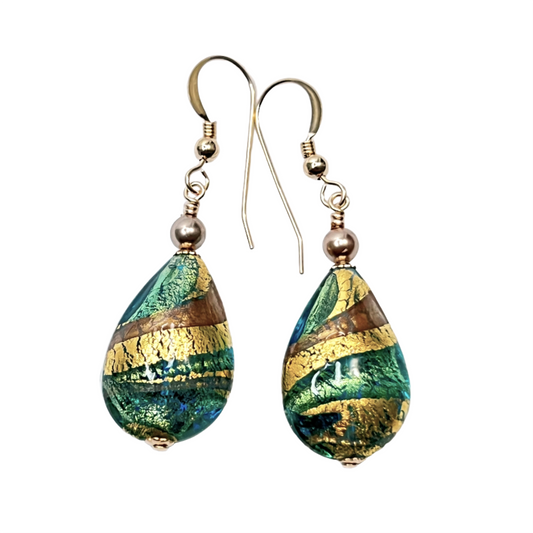a pair of green and gold earrings