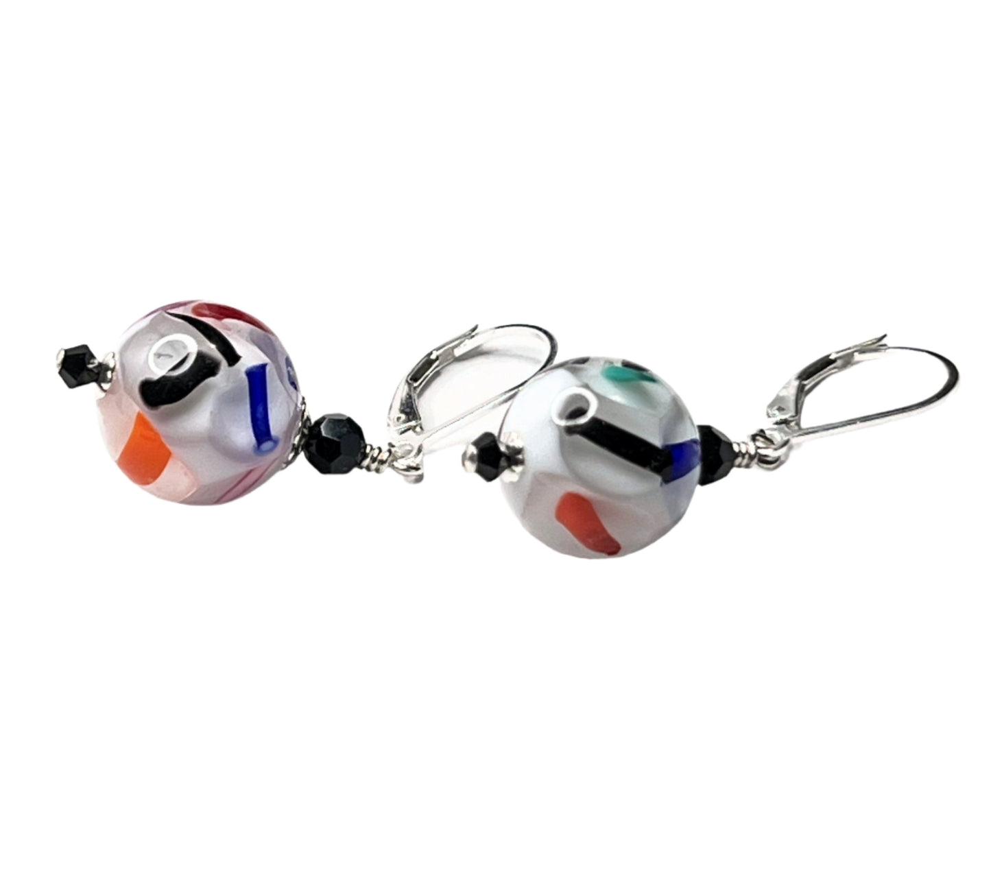 Murano White Colorful Speckled Ball Silver Earrings