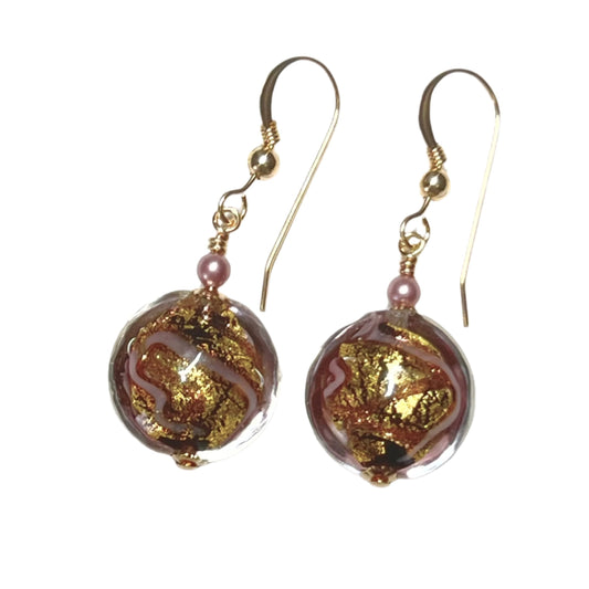 Murano pink disc gold earrings