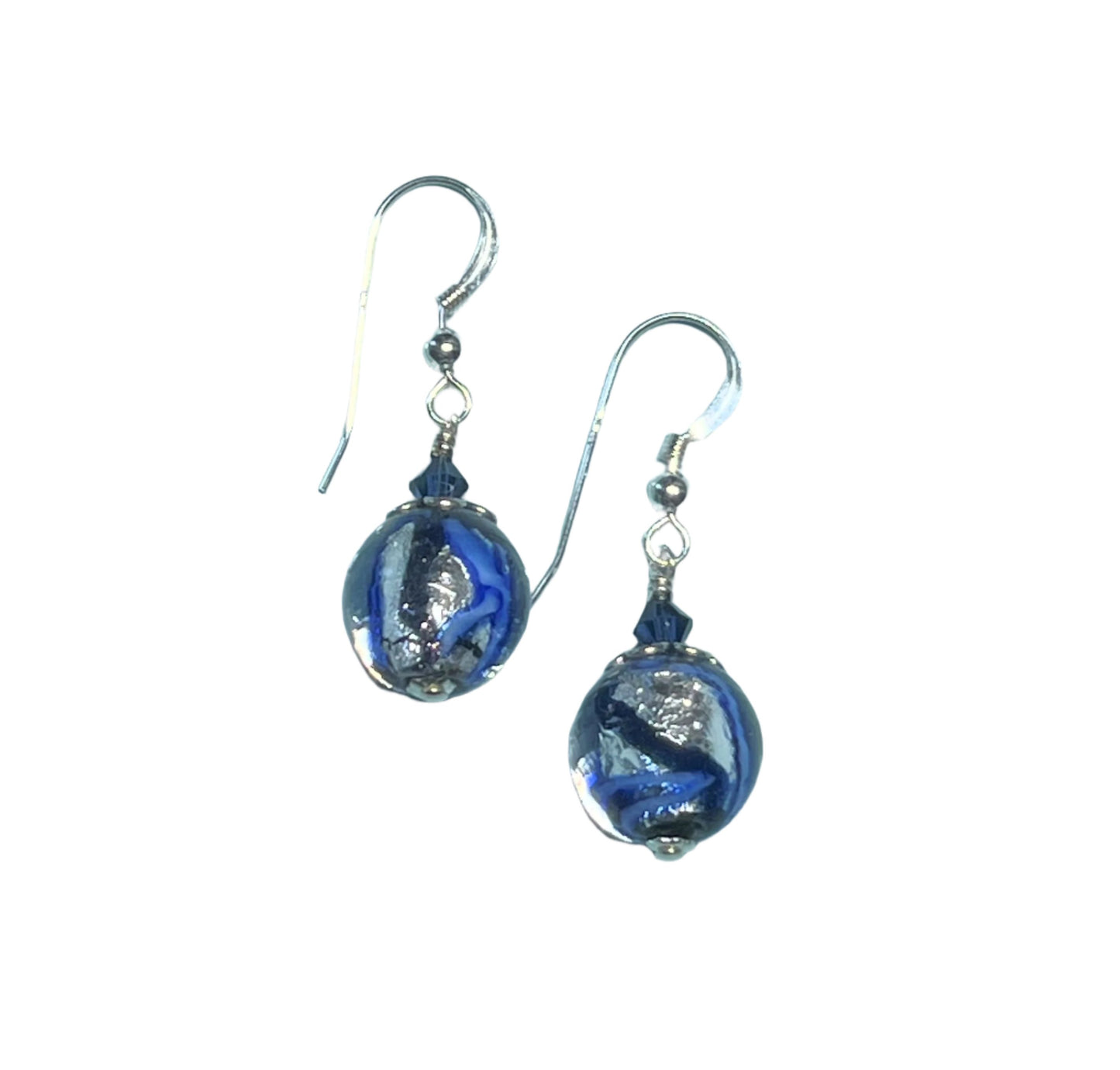 Murano Glass Blue Water Swirl Ball Sterling Silver Earrings