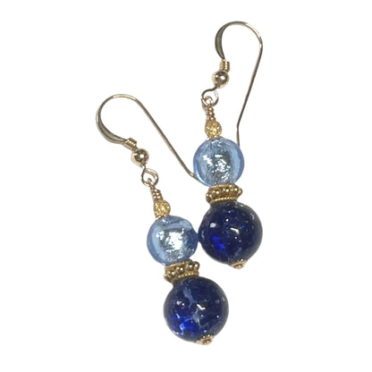 Murano Glass Blue Double Ball Gold Earrings