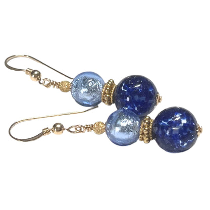 Murano Glass Blue Double Ball Gold Earrings