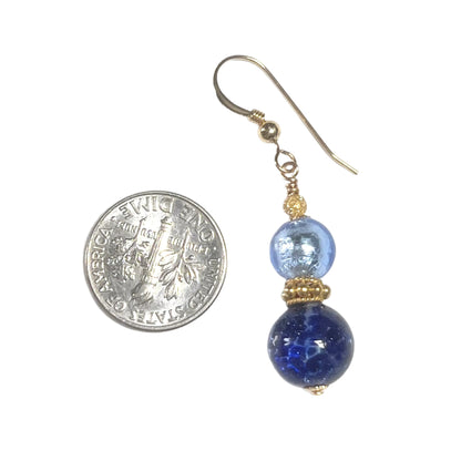 Murano Glass Blue Double Ball Gold Earrings