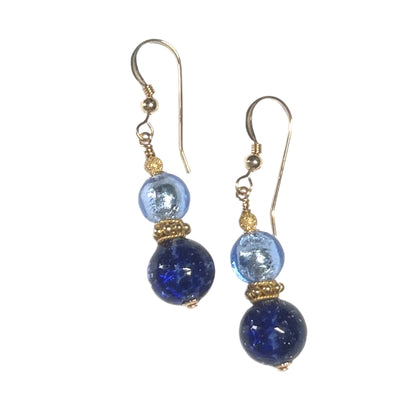Murano Glass Blue Double Ball Gold Earrings