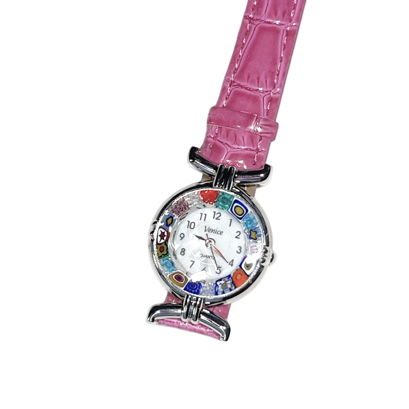 Watch with a pink crocodile-patterned strap on a white background
