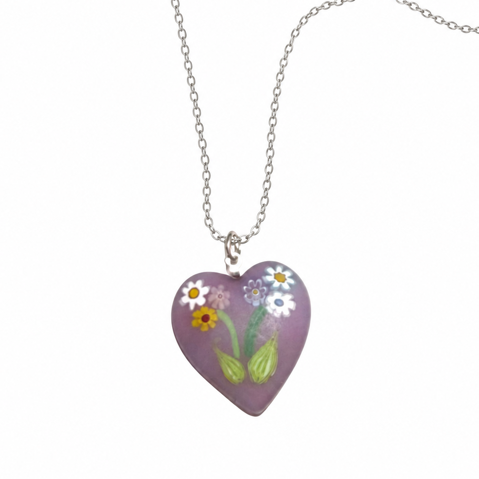 Collier Pendentif Cœur en Verre de Murano Millefiori Bouquet Rose Pâle Violet