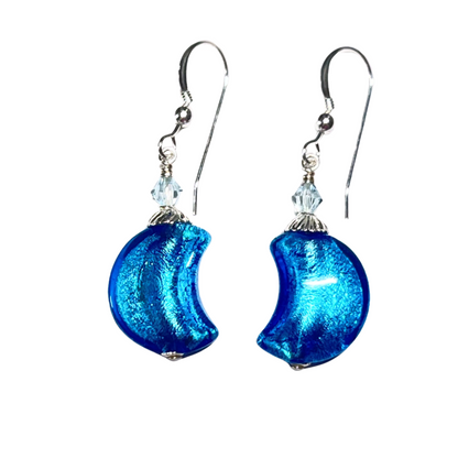 A pair of Murano glass aqua blue earrings with silver accents, featuring a dangle design with sterling silver beads and wires.