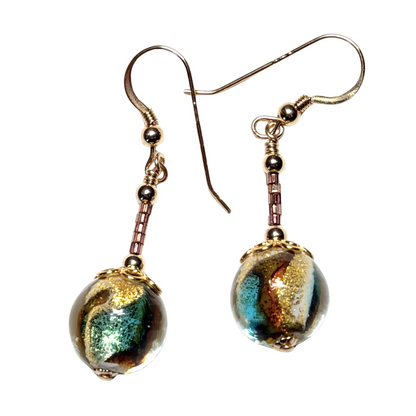 Murano Italian Glass Aqua Topaz Double Swirl Gold Earrings