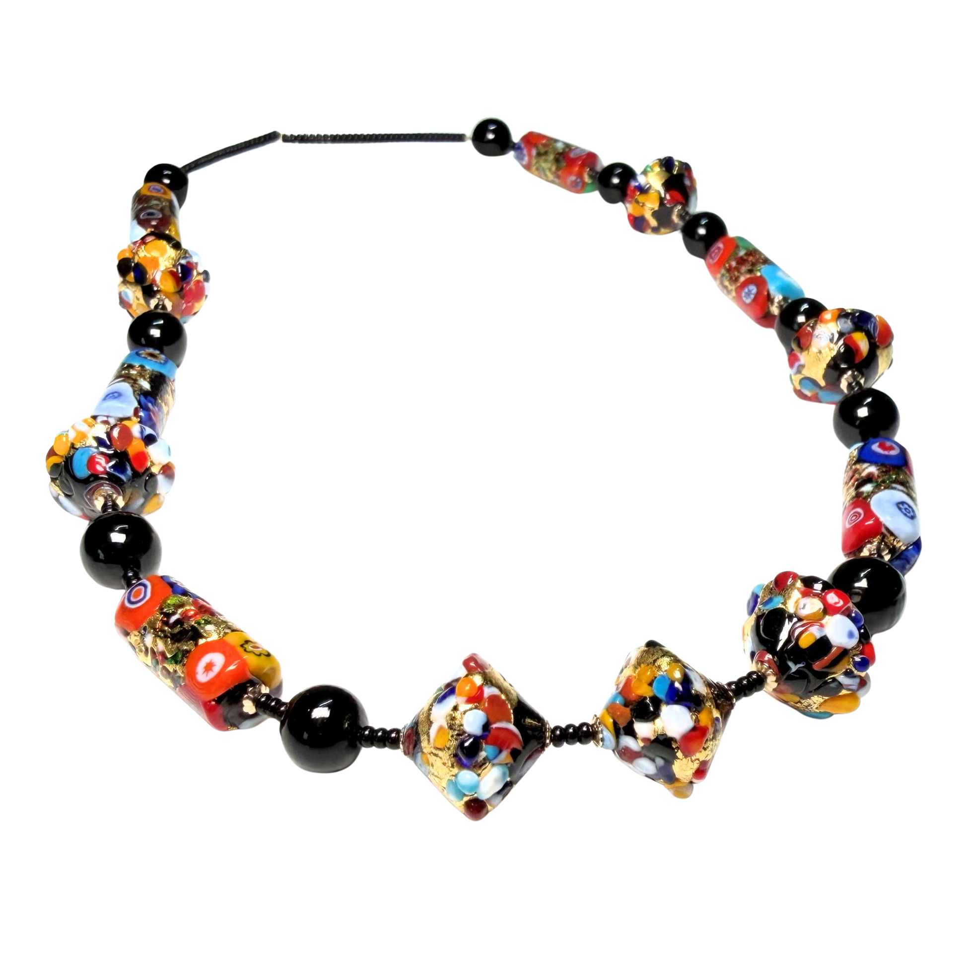 Colorful beaded necklace with black accents on a white background